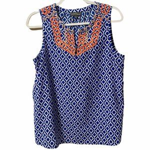 MARKET & SPRUCE Top Embroidered Blue & White Print Coral & Tan Accents Summer M
